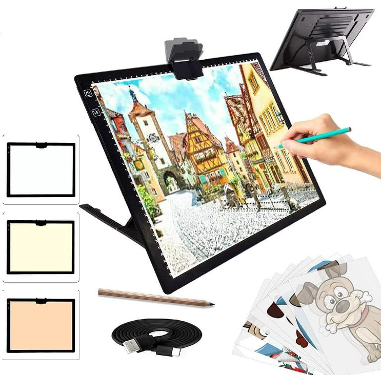 Golspark Light Box for Tracing, A3 Rechargeable Light Table, 6  Way Dimmable Light Pad with 3 Colors, Light Board for Diamond Painting  Weeding Vinyl, Built-in Stand Magnet Clip Black