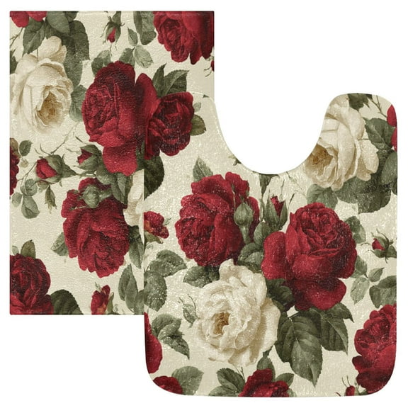 2 Piece Soft Bathroom Rug Set Red and White Roses Bath Mat and U-Shaped Toilet Contour Rug (16"x24" 20"x24")