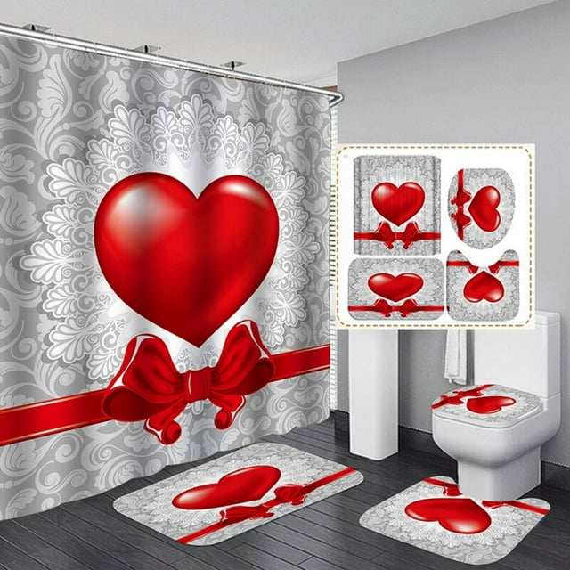 Ensemble de Rideau de Douche à Impression Numérique 3D de la Saint-Valentin, 4 Pcs, pour Décoration de Maison / Hôtel / Fête