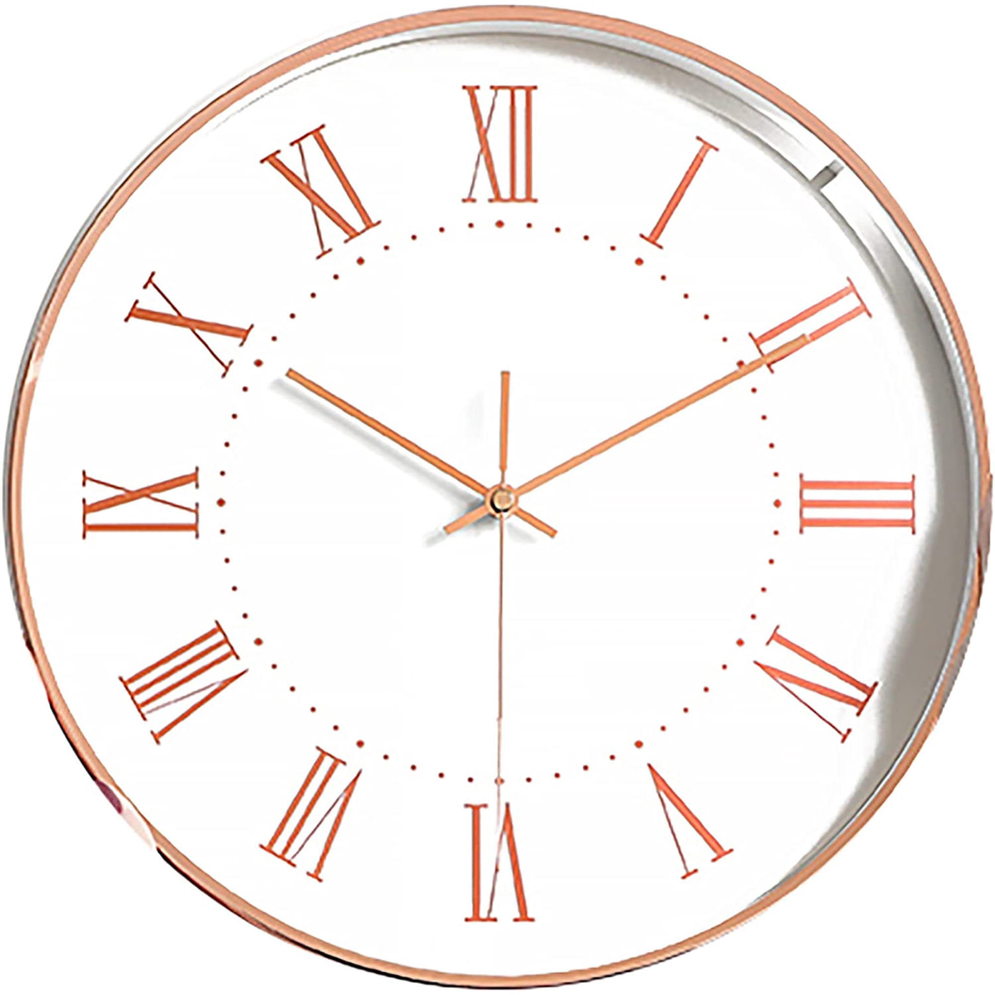 Modern Minimalist Rose Gold on White Silent Wall Clock With Glass Top (Roman Numeral Dial)
