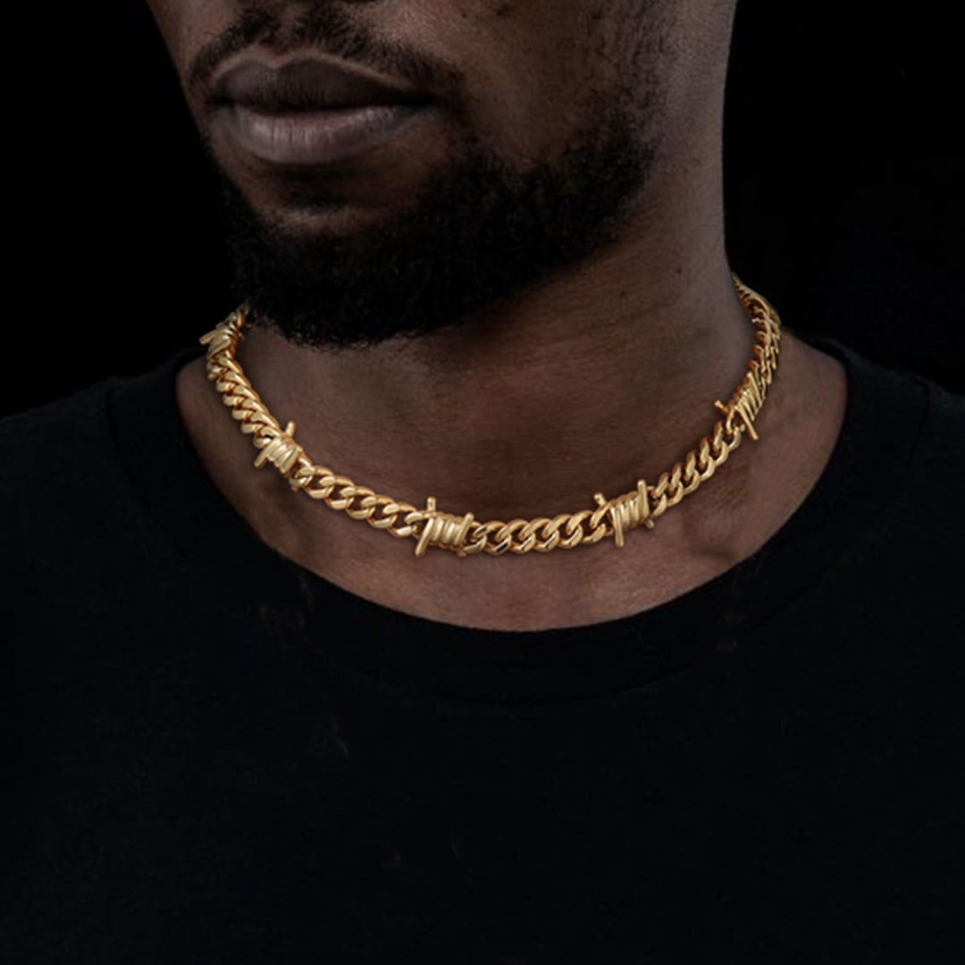 ChainsHouse Gold Plated Barbed Wire Necklaces for Men Women Punk Thorns Chain Necklace 9mm Width Chunky Chains Jewelry Gift, 16 inch