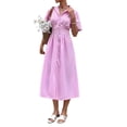 thumbnail image 2 of Women Button Front Pleated Shirt Dresses Summer Casual Short Sleeve Pleated Blouse Mini Dress Pink L, 2 of 8
