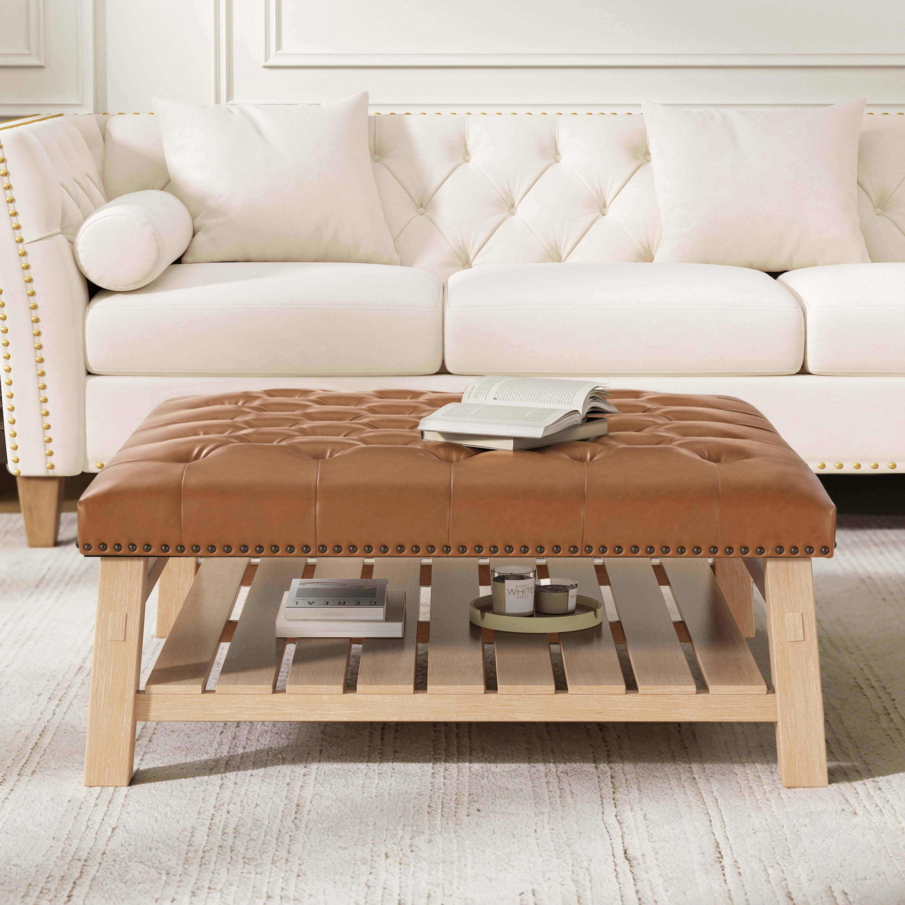 GARITIN Tufted Square Ottoman 41.5 Inch, Large Upholstered Footstool Coffee Table with Slatted Storage Shelf and Nailhead Trim, Brown