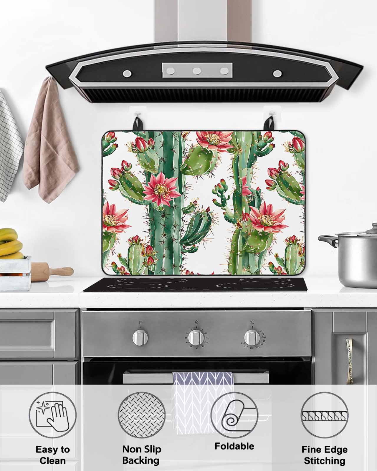 nqOlkjepod Large Induction Cooktop Protector Mat 24"x21", Summer Cactus Floral Stove Top Covers for Electric Stove, Watercolor Red Flower Plant Stove Burner Cover Mats, Glass Top Stove Cover