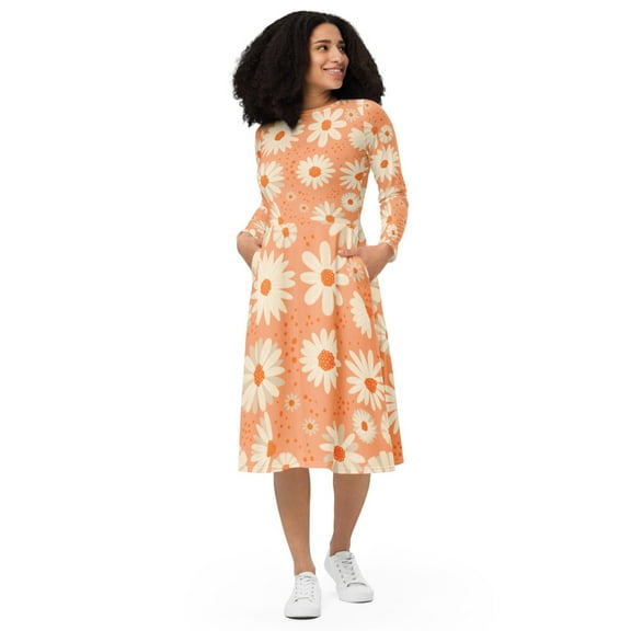 Women’s Long Sleeve Midi Dress – Retro Daisy Floral Print Swing Dress for Spring & Summer (2XS)
