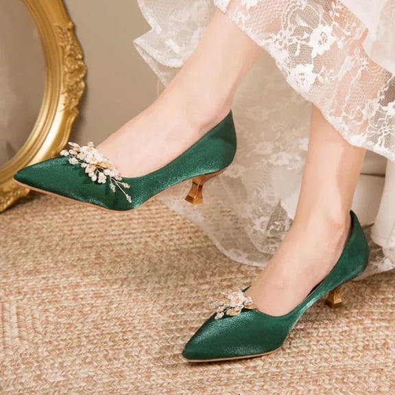 SCHUHLAND Green Silk Floral Crystal Pointed Toe Pumps for Women, Comfortable Medium Heels for Wedding & Party