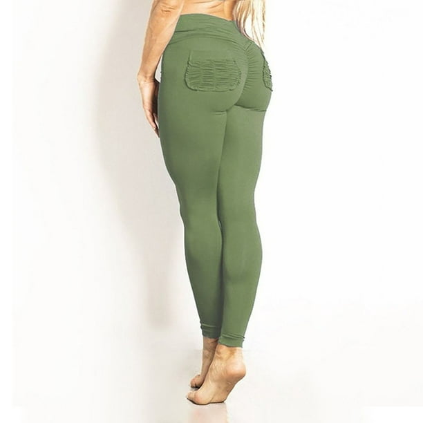 Pants Clearance Women Fitness Exercise Stretch High Waist Skinny Suckled  Pocket Yoga Pants Green L 