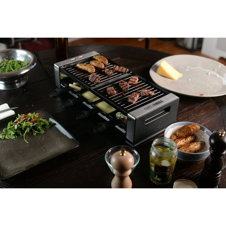 PARTY GRILL – Raclette Indoor/Outdoor Electric Grill - Perfect for 6 to 8  People 1200W Includes 8 Nonstick Pans & 8 Heat-Resistant Spatulas 
