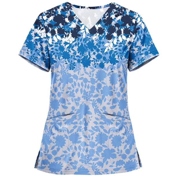 Blusa Umfun para mujer, blusa médica con bolsillo, blusa de enfermera de manga corta con cuello en V, blusa de uniforme de trabajo estampada, blusa de trabajo azul S