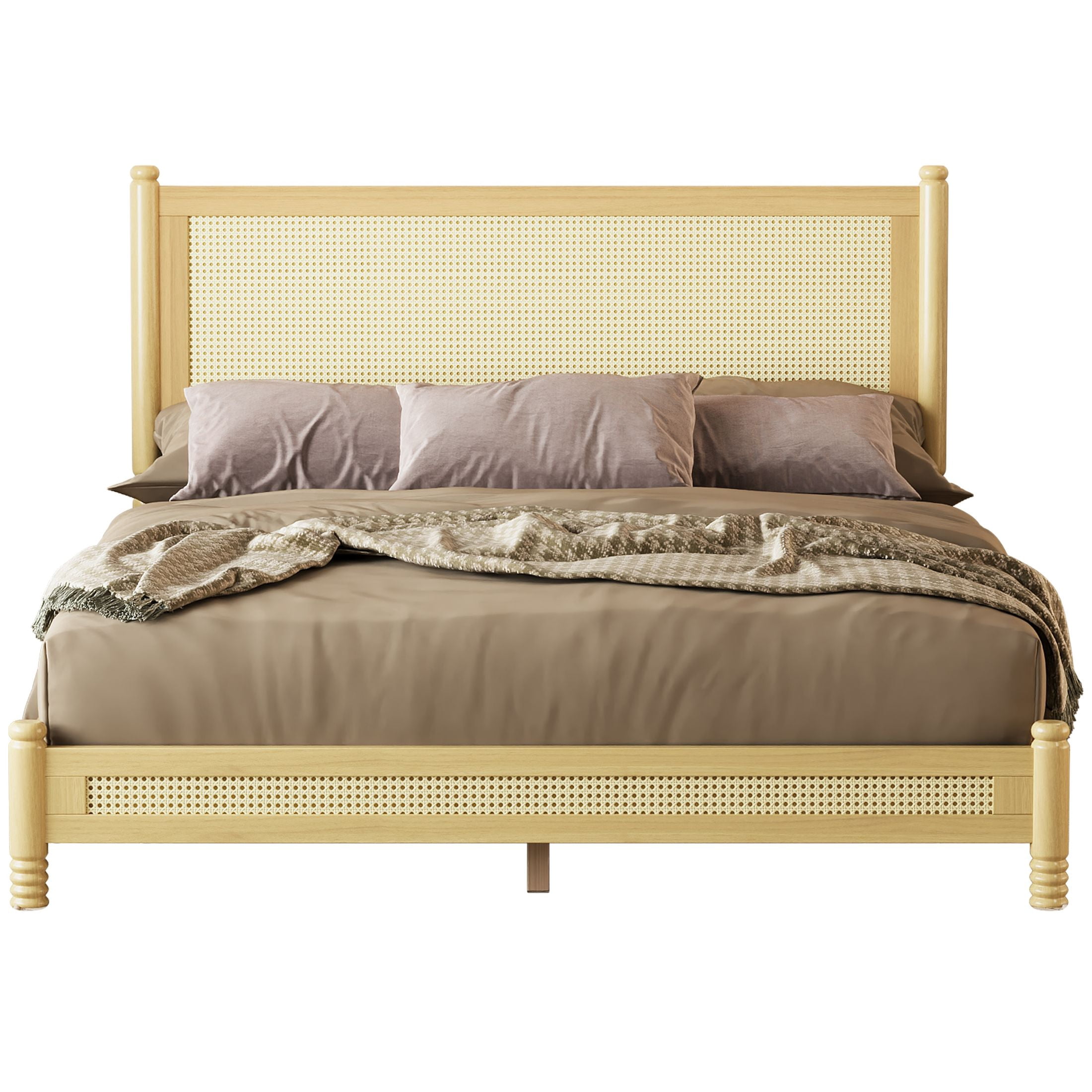 GDF Studio Annes Queen Size Boho Rattan Platform Bed Frame with Turned Legs, Woven Cane Pine Wood Bed Frame, Natural