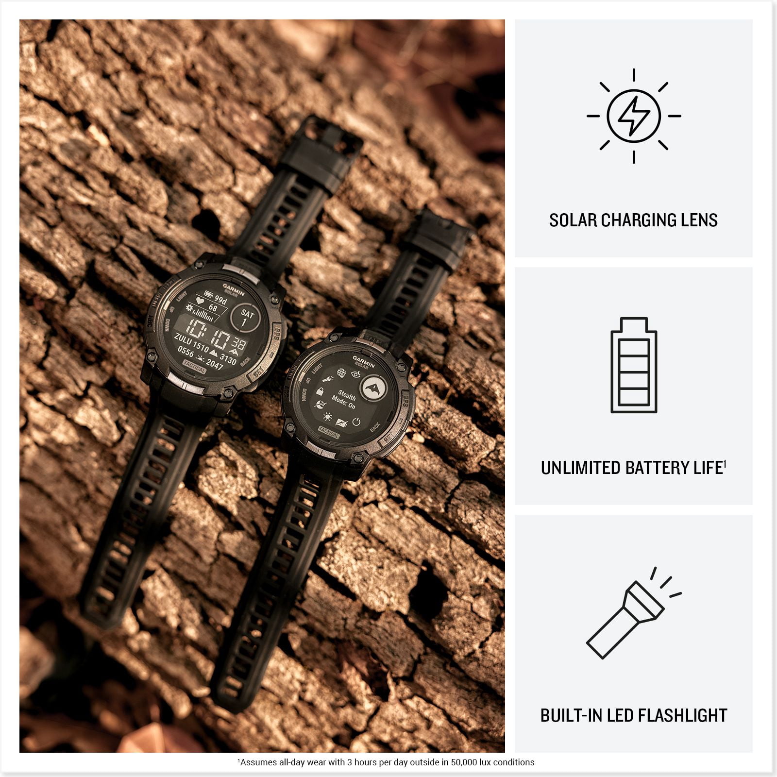 Garmin Instinct 3 Tactical Edition, 45mm, Solar Charged Display, Rugged Outdoor GPS Smartwatch