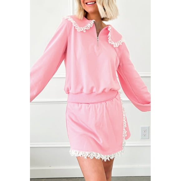 I AM A FASHION JUNKY Pink Peter Pan Lace Embellished Neck Collision Sweatshirt and Skirt Two Piece Set (Pink, XL, 75%Polyester+20%Cotton+5%Elastane)
