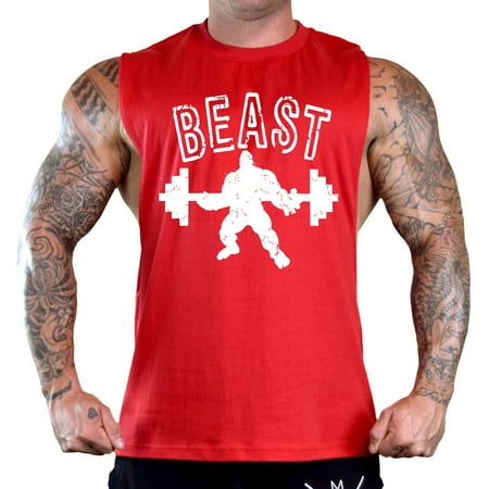 Men's Grunge Muscle Beast Sleeveless Red T-Shirt Gym Tank Top Large