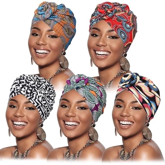 5 Pack Pre-Tied Turbans for Women, Stretchy Cotton Headwraps, Instant Fashion Headwear for Afro-Caribbean Hair, Daily Use & Special Occasions