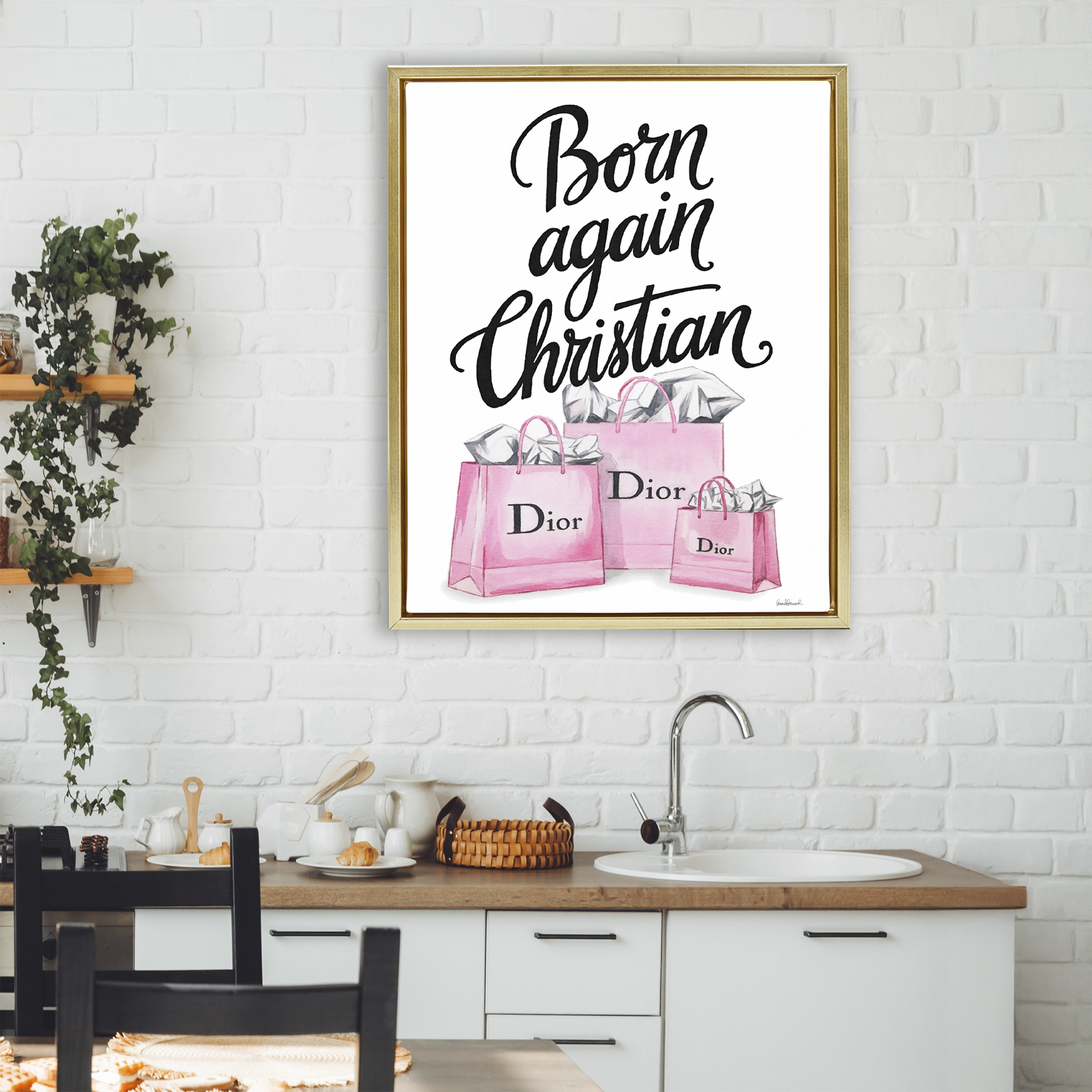 Pink Bags Born Again Christian Gold Framed Floater Canvas Wall Art, design by Amanda Greenwood