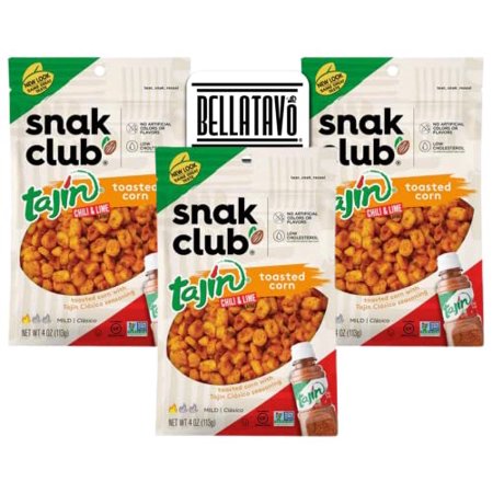 Toasted Corn Nuts Bundle. Includes Three-4 Oz Bags of Snak Club Tajin Toasted Corn Plus a BELLATAVO Fridge Magnet. Snak Club Tajin Corn Nuts is a Low Cholesterol Snack!
