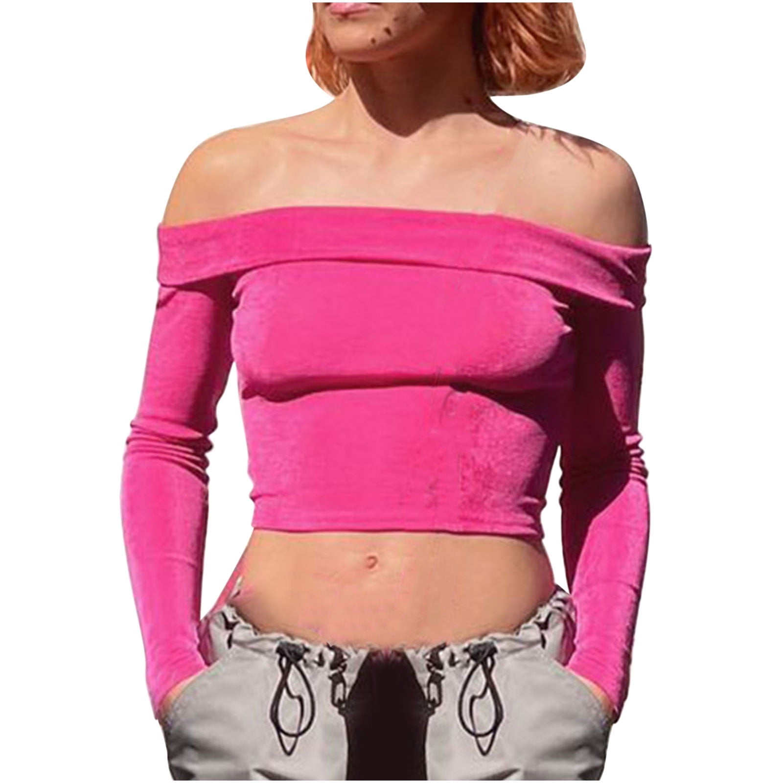 Kurve lejr lindre Odeerbi Off The Shoulder Crop Tops for Women Slim Fit Going Out Tops Casual  Solid Color Long Sleeve Tight Tee Shirt Basic Streetwear Hot Pink -  Walmart.com
