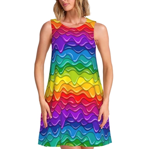 Spring Summer Dresses for Women 2025 - Bright Rainbow Swimsuit Coverup Sundresses for Women, Beach Vacation Clothes for Women, Hawaiian Tshirt Dresses for Women