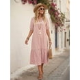 thumbnail image 3 of Womens Pink Boho Geometric Print V-Neck Tiered Midi Dress, 3 of 5
