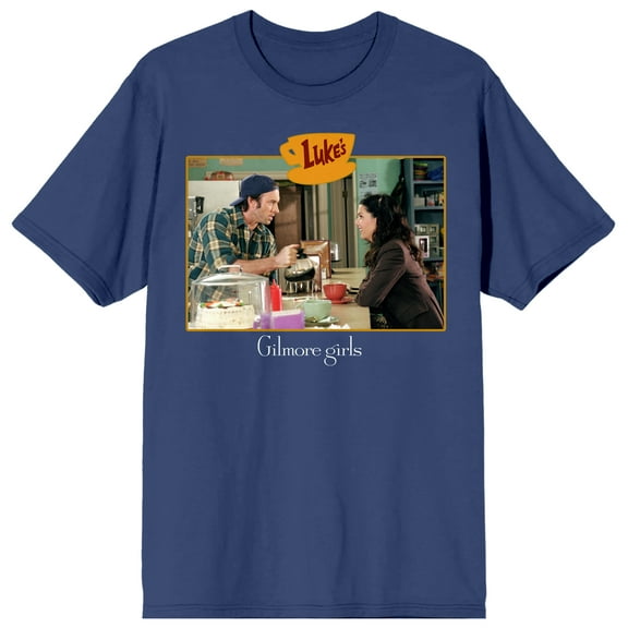 Gilmore Girls Luke and Lorelei in Luke's Cafe Screenshot Women's Navy Blue Graphic Short Sleeve Crew Neck Tee-Medium