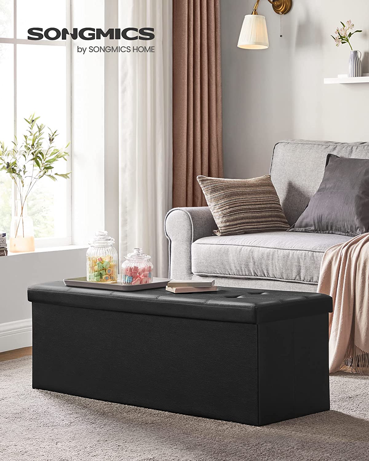 Songmics 43" Storage Ottoman Bench, Black Faux Leather photo 6