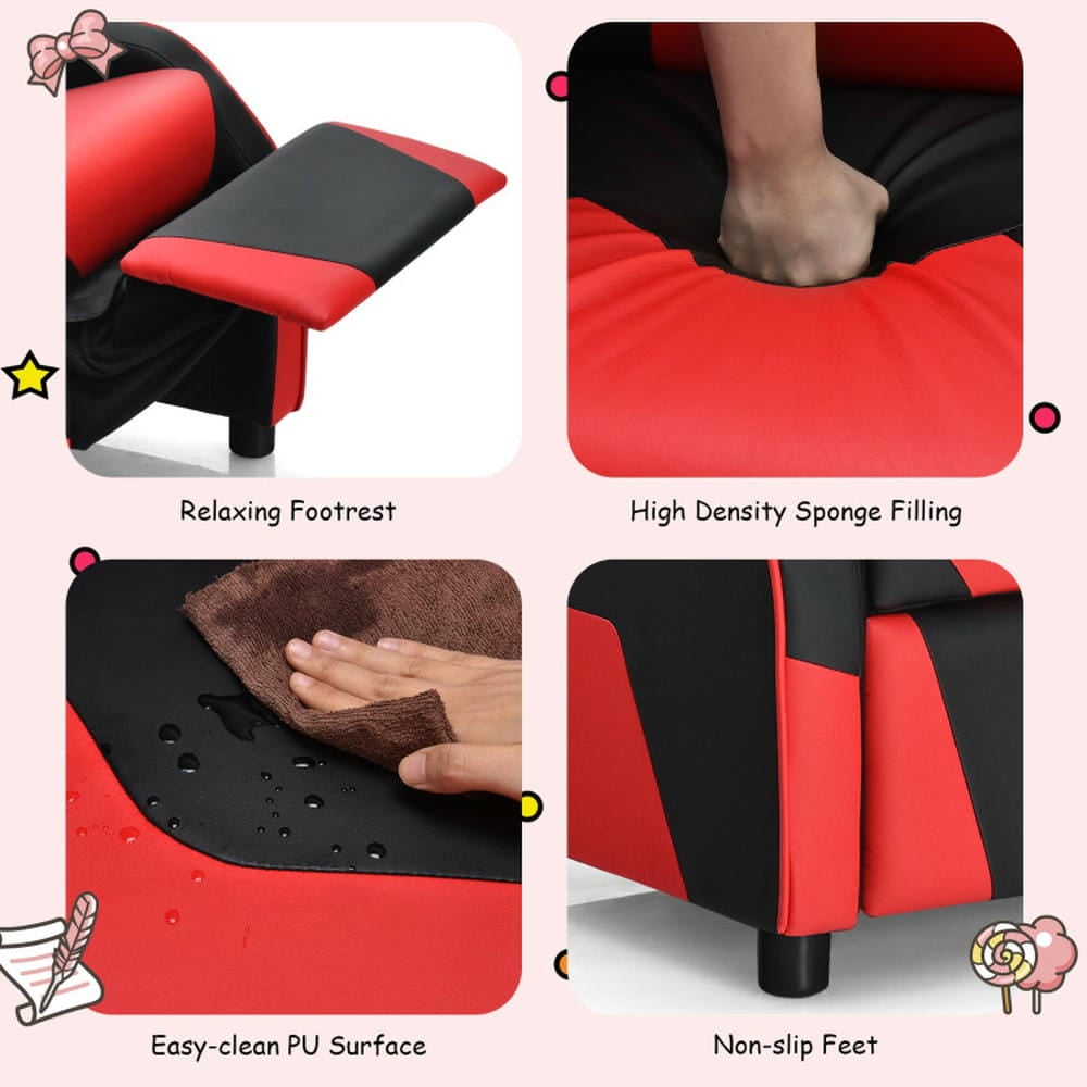 Barara King Kids PU Leather Recliner Chair with Headrest and Footrest, Kids Gaming Sofa Recliner Chair for Living Room, Bedroom, Red