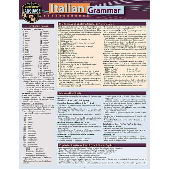 Italian Grammar: A Quickstudy Laminated Language Reference Guide, (Paperback)