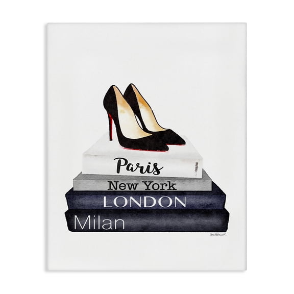 Stupell Industries Art Deco Fashion Designer Shoes Bookstack Blue Watercolor Canvas Art, 16 x 20, by Amanda Greenwood