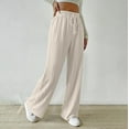 thumbnail image 4 of XFLWAM Women's Pleated Ribbed Sweatpants Drawstring Elastic High Waisted Wide Leg Palazzo Pants Casual Straight Leg Lounge Trousers Beige L, 4 of 8
