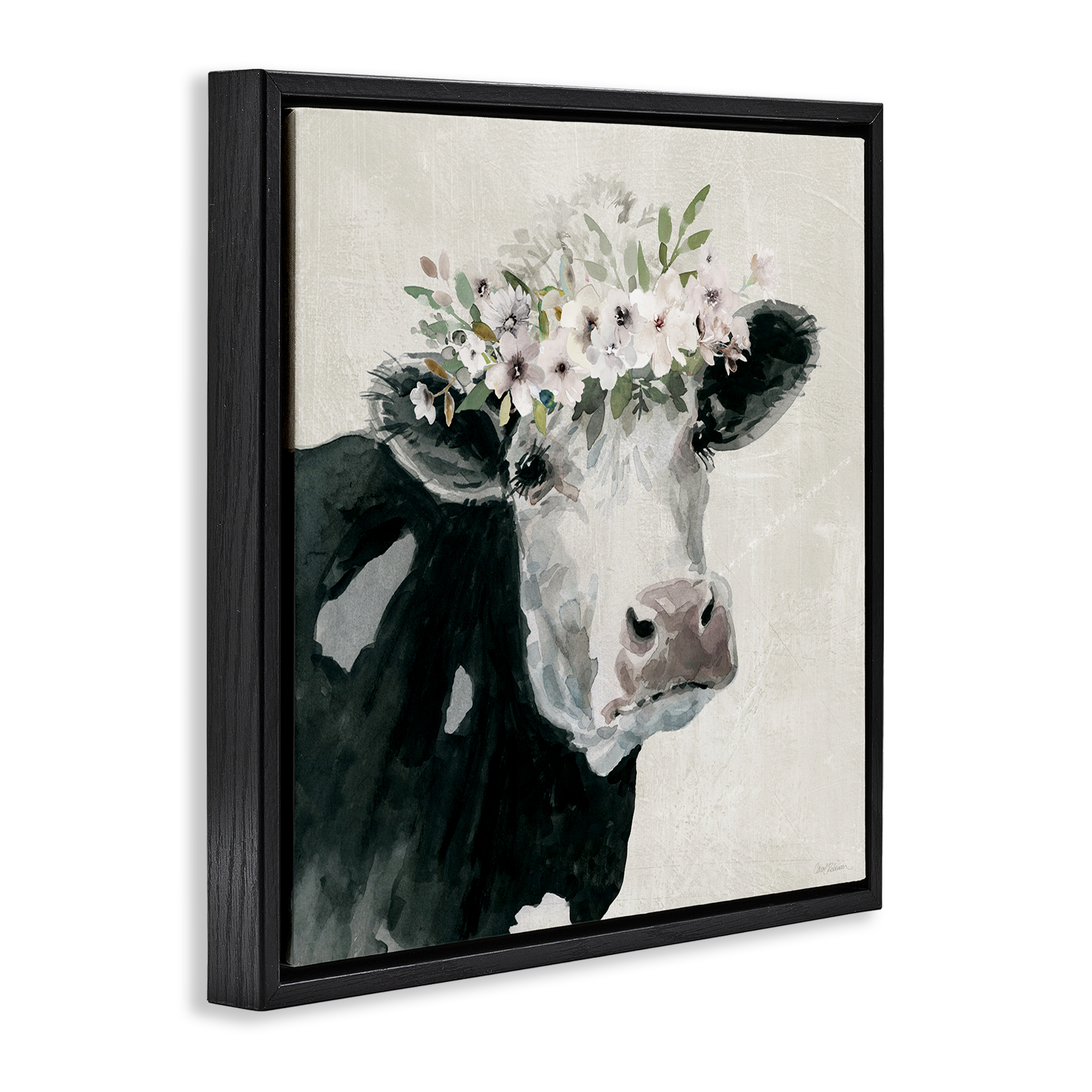 Stupell Industries Gazing Cow with Florals Animals & Insects Painting Black Floater Framed Canvas Art Print Wall Art, 18 x 18