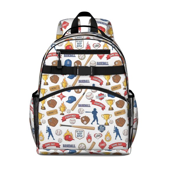 Baseballs and Bats White Pattern Backpack for School, Cute School Bag with Adjustable Shoulder Straps and Padded Back, 15.25"x11.5"x5.25"