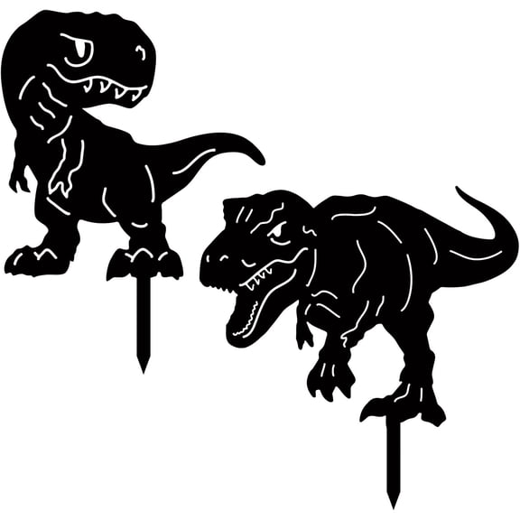 2Pcs 2Styles Dinosaur Metal Garden Stakes Dinosaur Garden Decor Art Black Dinosaur Silhouette Statues Garden Decorative Ground Insert Lawn Ornaments for Outside Outdoor Dinosaur Lover Gifts Clear