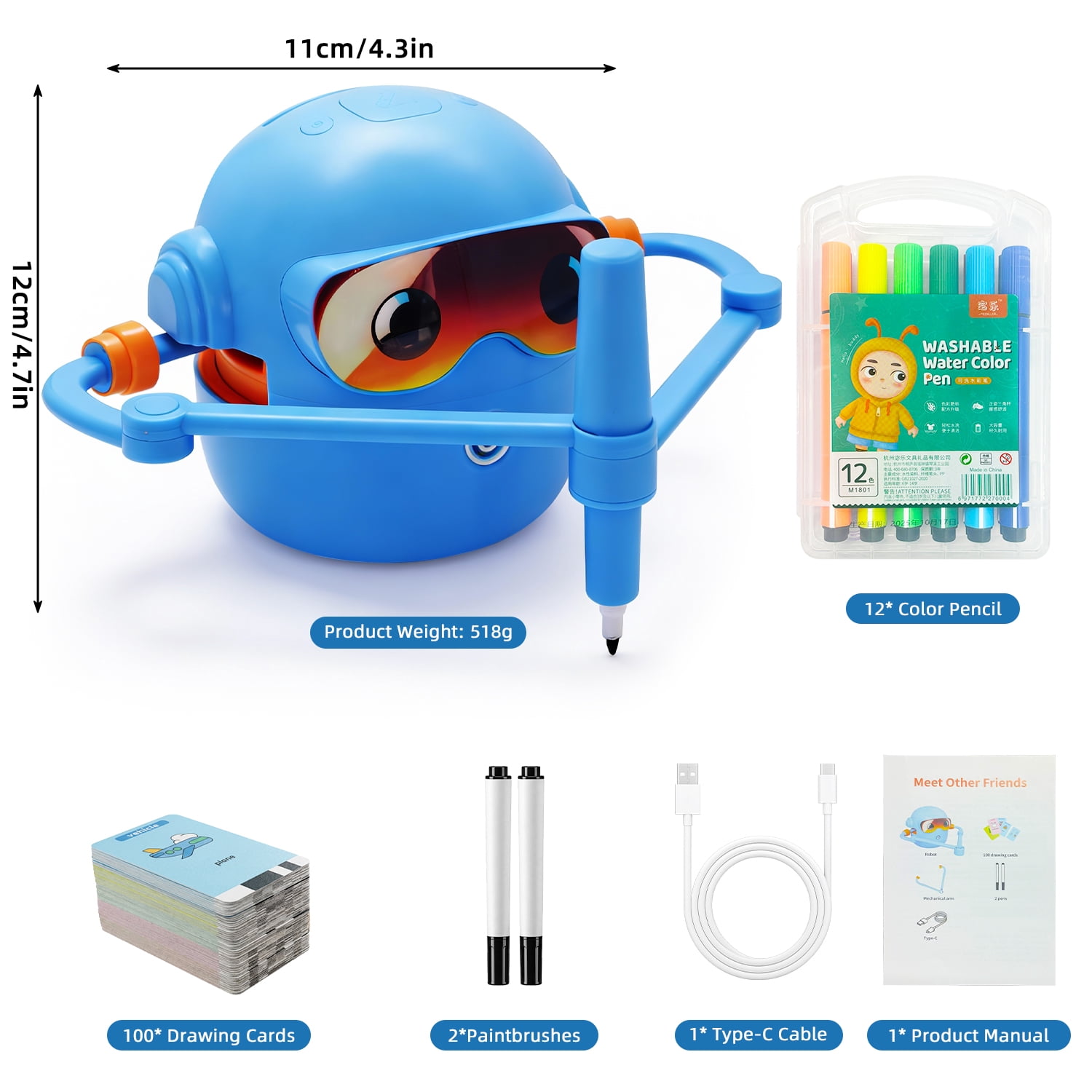 Educational Drawing Robot for Kids Ages 3-8 | Voice Interactive Learning Toys with 100 Word Cards & 12 Color Pens | Montessori Painting Machine for Boys Girls | Birthday Party Gifts (Blue)