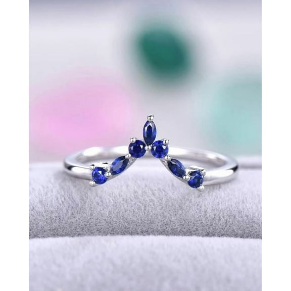 Blue Sapphire Ring Curved Crown Chevron Wedding Band Ring Wedding Anniversary Gift 925 Sterling Silver Gemstone Jewelry For Women Gift