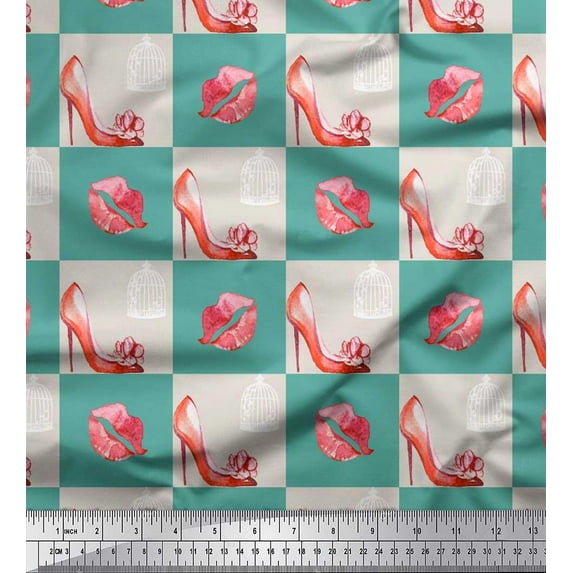 Soimoi Silk Fabric Bird Cage,Women Lips & High Heels Fashion Print Fabric by Yard 42 Inch Wide