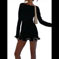 thumbnail image 3 of Vestido Minivestido Elegante de Punto con Volantes y Dobladillo para Mujer, Larga, con Parches de Colores Contrastantes, Ajustado, Estilo Suéter Corto, para Otoño. Negro L, 3 of 9