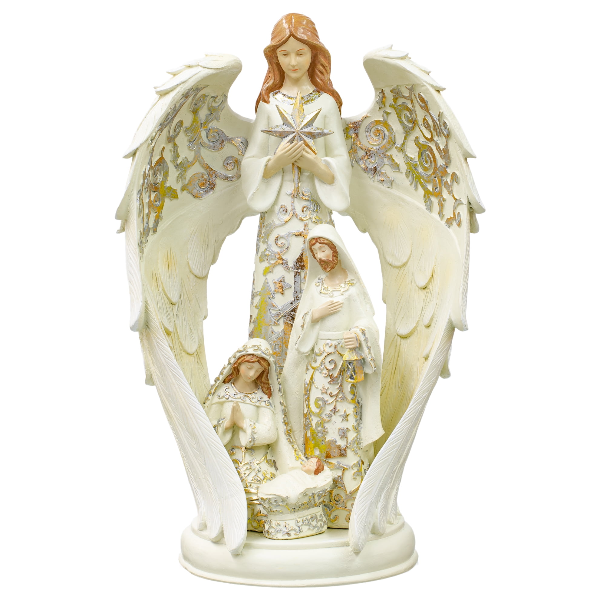 Angel With Holy Family Gold Leaf On White 16 x 10 Resin Christmas Figurine - Walmart.com