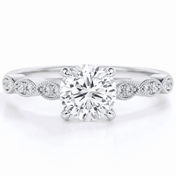 Jewelerix Round Cut Moissanite 10K White Gold Ring Vermeil, Engagement Ring for Women, 4 Prong Solitaire with Vintage Milgrain Side Stones Ring