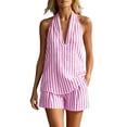 thumbnail image 2 of Women's Striped V Neck Two-Piece Set Outfit Sleeveless Top And Stretch Waist Shorts Set Summer Vacation Set, 2 of 9