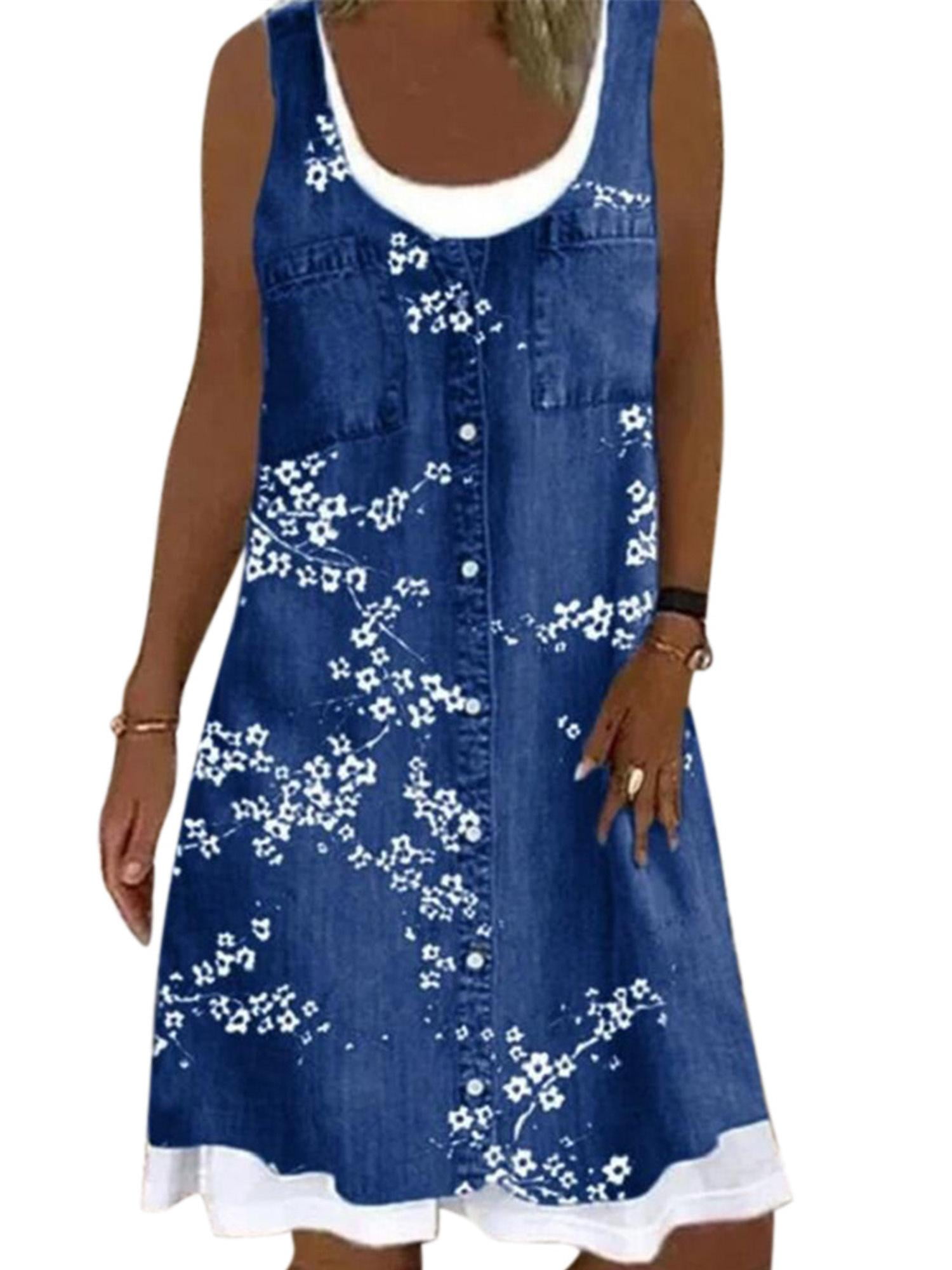 SpringTTC - SpringTTC Women's Imitation Denim Dress Sleeveless Fake Two ...