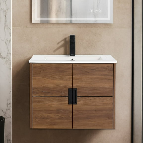 Blossom 24" Bathroom Vanity with Sink, Wall-Mount Floating Design in Brown Walnut, Ceramic Basin, Soft-Close Doors