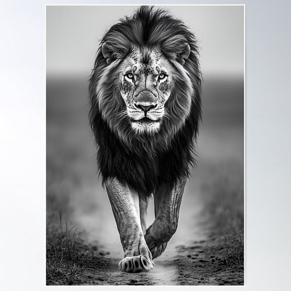 Black And White Lion – Majestic Wild Cat, Power Animal, Nature Art Poster Wall Art, Modern Wall Decor For Living Room Bedroom, 8x12 UNFRAMED
