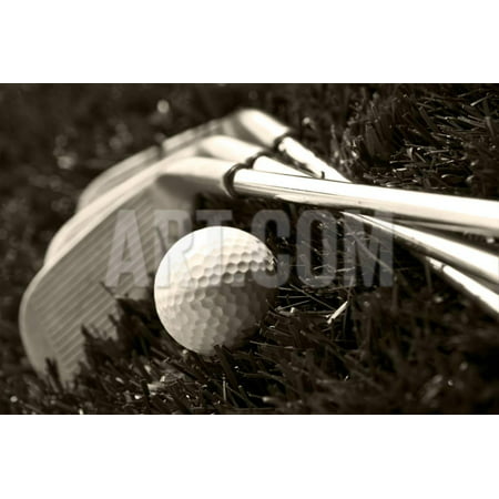 Black And White Photo Of Golf Clubs And A Golf Ball In Low Light For Contrast Print Wall Art By