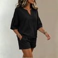 thumbnail image 6 of Women's Cotton Elastic Waist Two Piece Outfit V Neck Ruffle Short Sleeve Top with Shorts, Solid Casual Summer Set, Lounge Maternity Activewear Shorts | VerBelle,Black L, 6 of 8