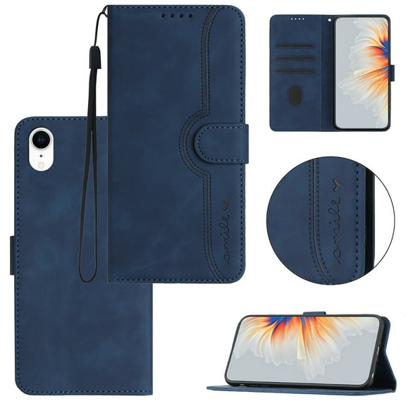 Wallet Case for iPhone XR, [RFID Blocking][Kickstand][Magnetic Closure] Flip Folio Wallet Case PU Leather Card Slots and Detachable Hand Strap Phone Case For iPhone XR,Darkblue