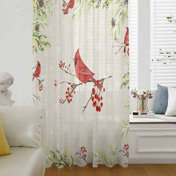 Christmas Red Bird Semi Sheer Curtains Drapes for Living Room,Bedroom,French Doors Window 108 Inches Long,Xmas Tree Branches Snowflakes Winter Rod Pocket Chiffon Curtain Voile Drapery Panel