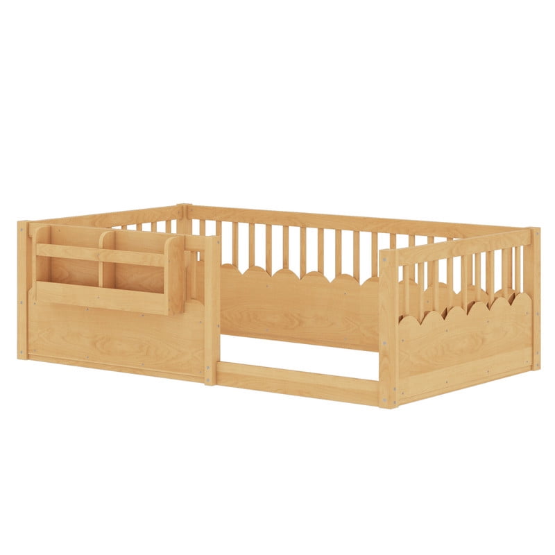 Twin Size Floor Bed with Heightened Fence, Kids Platform Bed Frame with No Slat, Montessori Storage Bed with Bookshelf