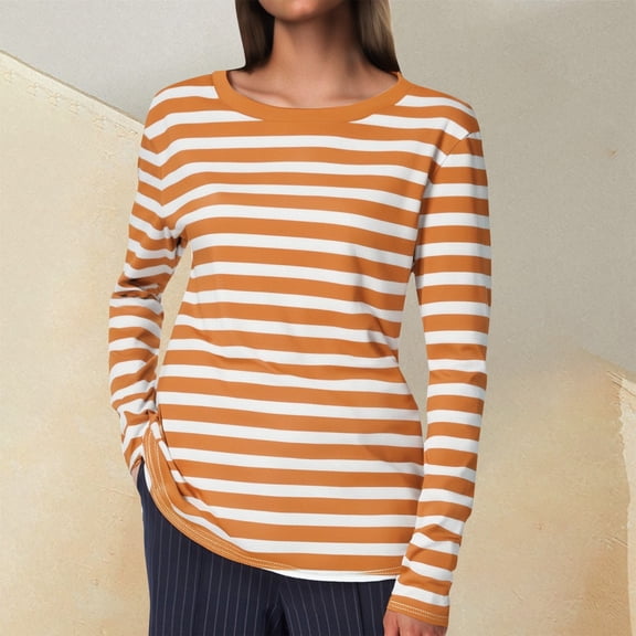 YVNAURA Boat Neck Striped Long Sleeve T Shirts for Women Loose Fit Casual Basic Pullover Tees Lightweight Soft Stretchy Fall Layering Everyday Wear Breton Nautical Top, Orange,L