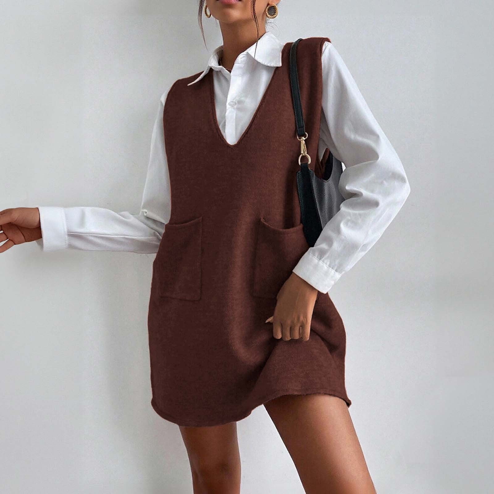 Levmjia Womens Knitted Dress Sweater V Neck Sleeveless With Pocket Solid  Color Casual Comfortable Commuting Outfit Daily Wear - Walmart.com