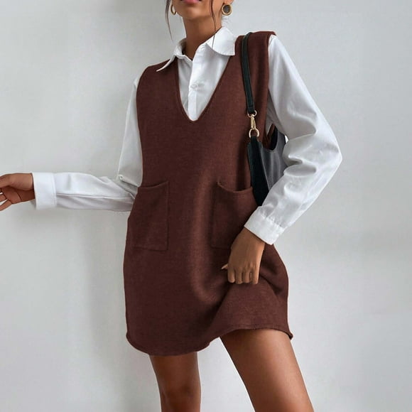 Women's Short Sleeveless Dress, V Neck Knit Cotton Sweater Dress with Pockets, Casual Summer Dress